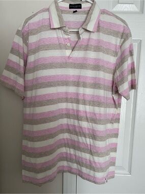 Peter Millar Men's Pink & Beige Striped Polo Shirt Size large